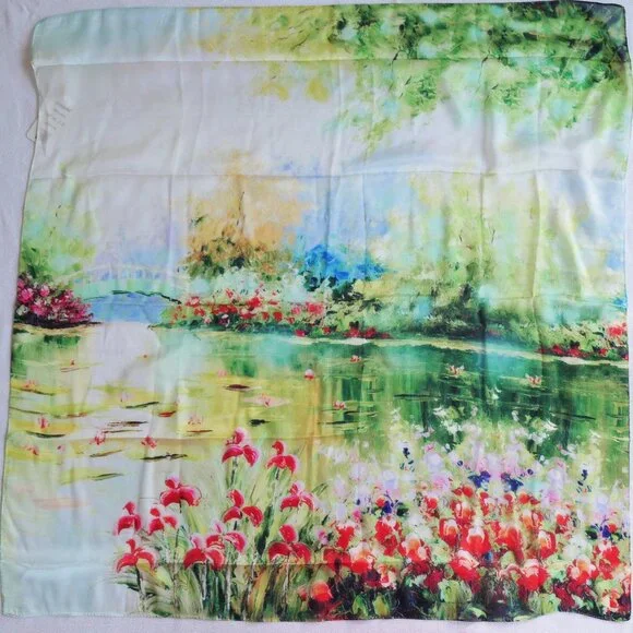 Vimate | New silk scarf green floral watercolor 34” x 34” square scarf - Picture 1 of 8